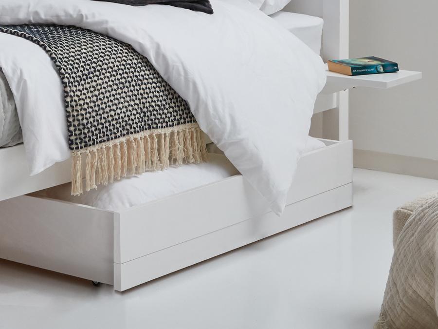 white wooden underbed storage box
